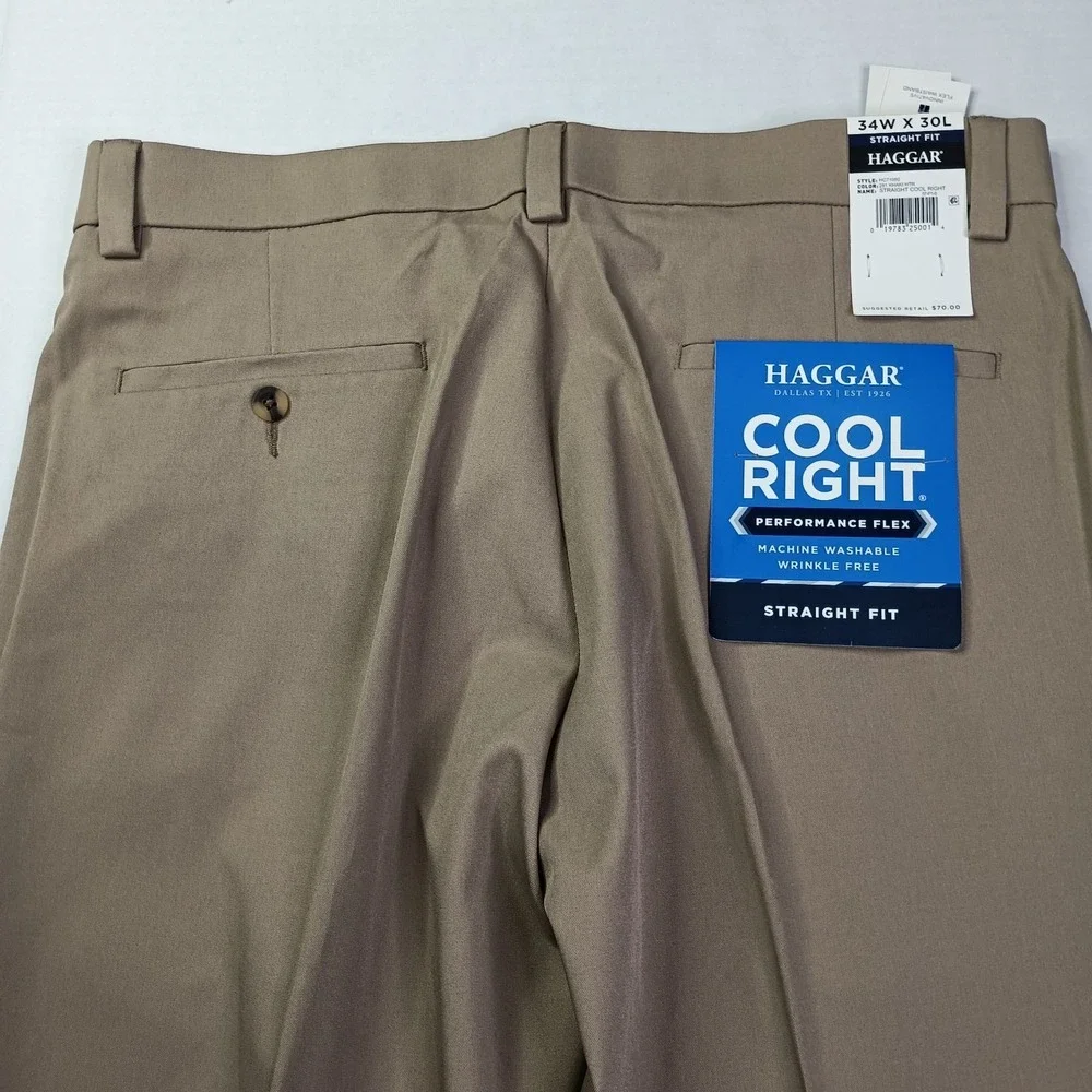 Haggar Cool Right Performance Flex Straight Fit Pants Men's Size 34x30 Khaki New
